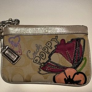 COACH Purple and Pink Poppy Floral on Beige Logo Fabric 6" x 4" Wristlet